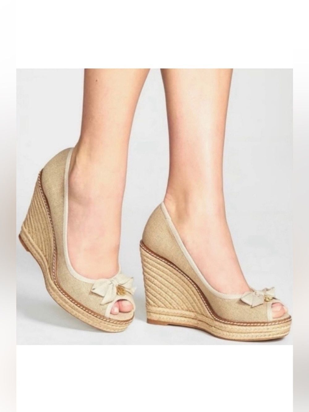 Tory Burch Jackie Canvas Bow Peep Toe Espadrille Wedges